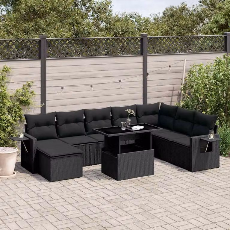 Set Divani da Giardino a L vidaXL in Polyrattan Nero con Cuscini e Tavolino da Esterno