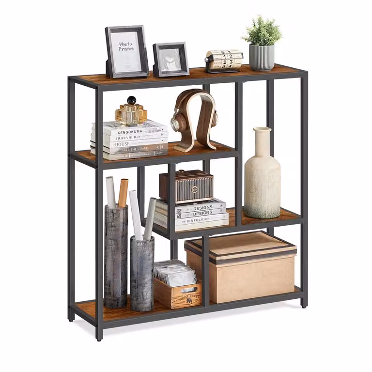 Libreria Scaffale Autoportante per Soggiorno Ufficio Camera da Letto Cucina, Marrone Vintage + Nero Inchiostro / Pannello di Truciolato