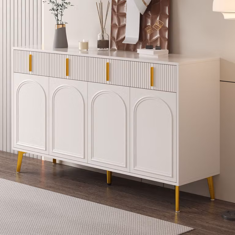 Cassettiera Credenza con maniglie e gambe dorate, 4 ante e 4 cassetti, adatta a soggiorno e sala da pranzo, 140 x 37,8 x 82 cm