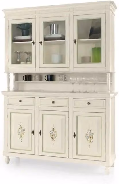 Cristalliera Shopinnovativo in stile arte povera con 6 ante, 3 cassetti e decori floreali, realizzata in legno massello e MDF, finitura bianco e verde, L: 158 cm, P: 47 cm, H: 213 cm – 1
