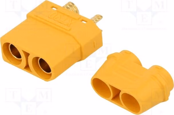 1 connettore per alimentazione CC, tipo XT90, con 2 pin saldati a stagno. Connettore XT90H-F per corrente continua