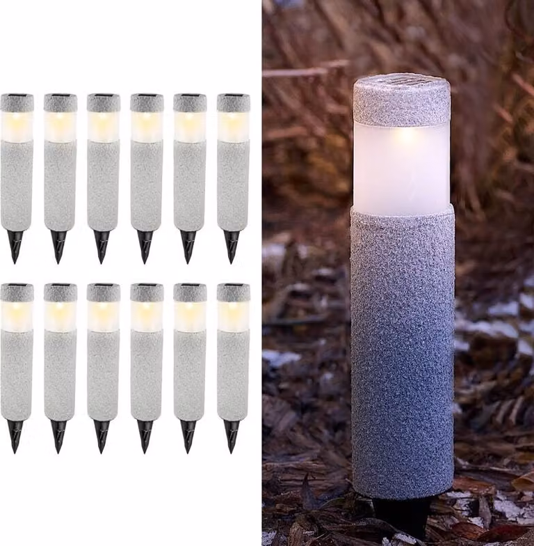 Set da 12 luci solari onyX con superficie in pietra naturale, luci da sentiero a LED con picchetto, per giardino, balcone, terrazza, resistenti alle intemperie, grigio, Eaxus
