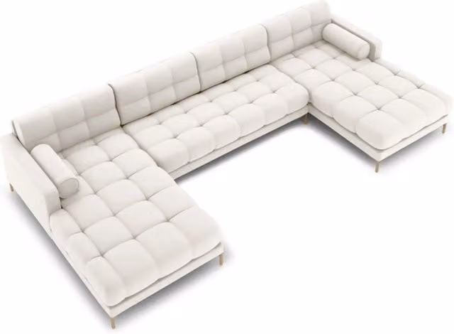 Divano panoramico Bali di Cosmopolitan Design, modello a L da 7 posti in tessuto beige e oro con struttura in metallo