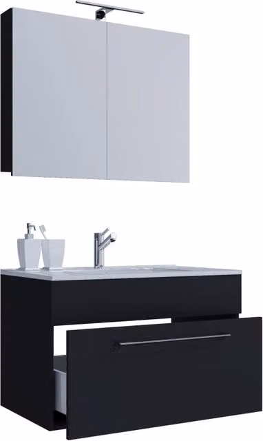 Set mobile bagno sospeso Ezooza con lavabo in ceramica e mobile specchio con illuminazione LED, Nero opaco, L: 60 cm, P: 46 cm, H: 50 cm