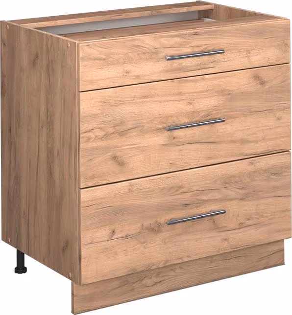Mobiletto base per cucina Vicco Fame-Line Rovere dorato 80 cm con 3 cassetti, senza piano di lavoro, Model 57278