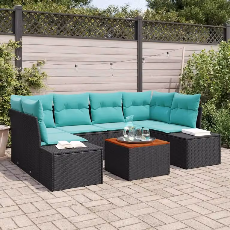 Set Divano da Giardino vidaXL 7 Pezzi Moderno a Forma di L con Tavolino e Cuscini Nero