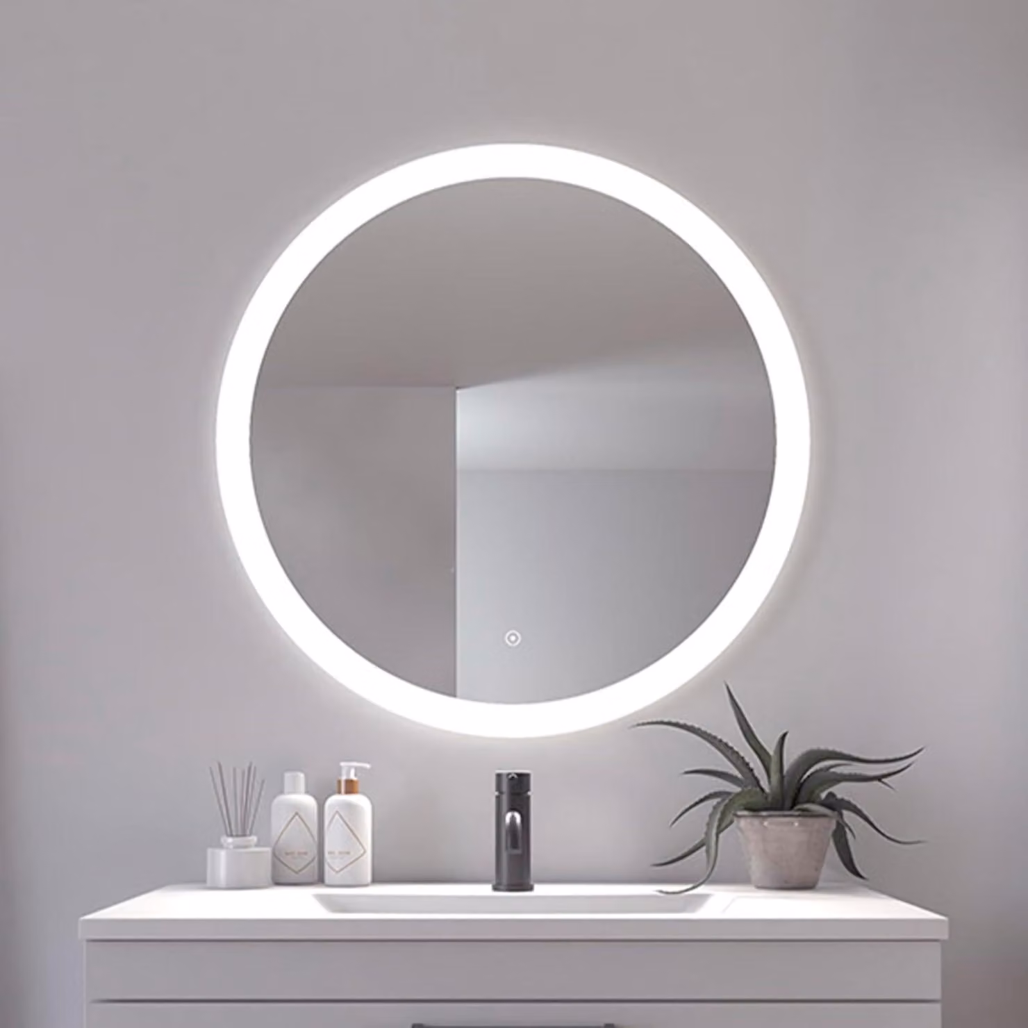 Specchio LED rotondo, diametro 60 cm, con interruttore touch, dimmerabile, da montare a parete