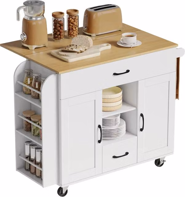 Isola cucina mobile Xylo bianca in MDF con piano estraibile, cassetti, portasciugamani e ruote, L: 115 cm, P: 70 cm, H: 89 cm