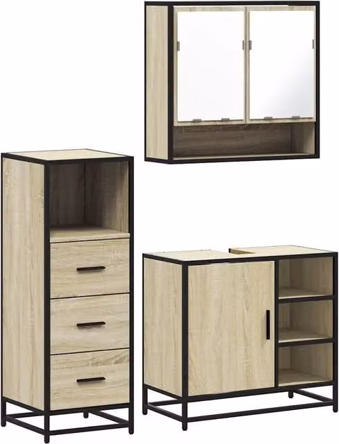 Set Mobili da Bagno | Armadio da bagno 3 pz Rovere Sonoma in Legno Multistrato