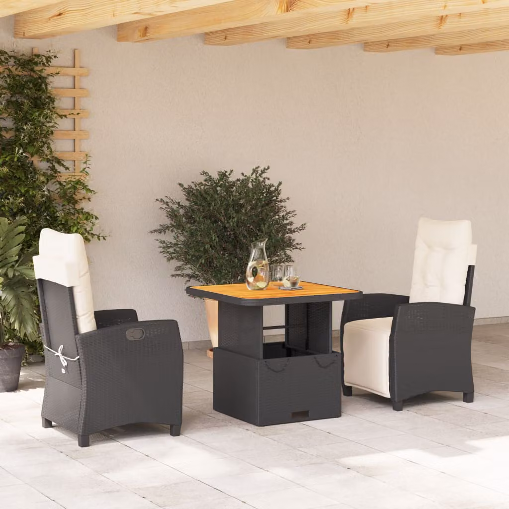 Set da pranzo da giardino vidaXL in legno di acacia oliato e polyrattan nero, 3 pezzi – 1