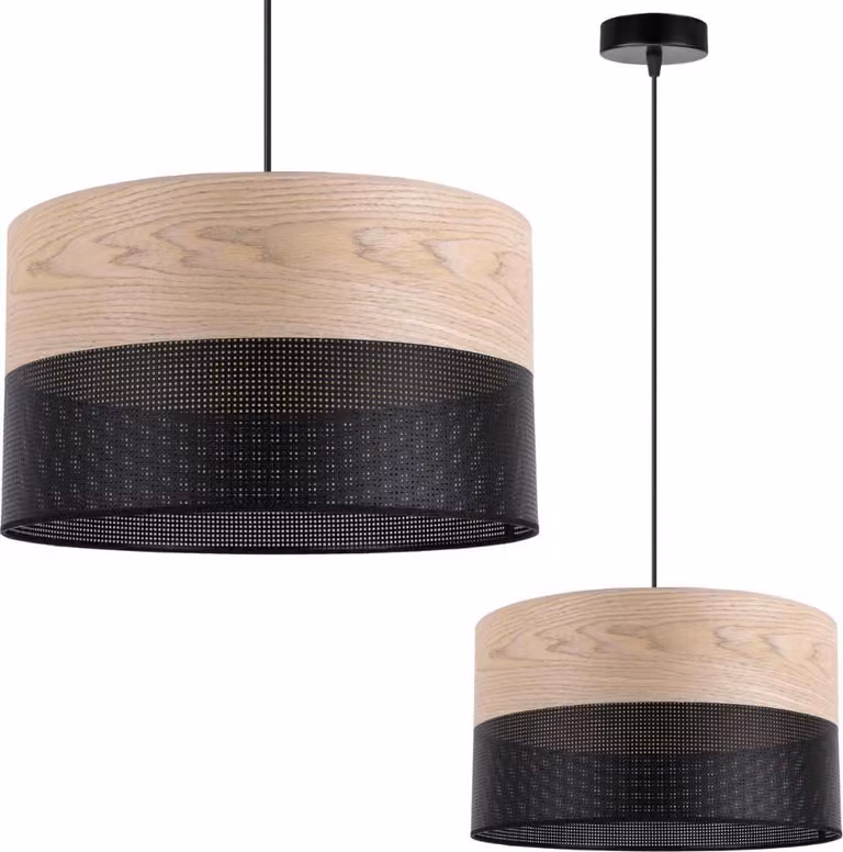 Lampada a sospensione singola, paralume classico impiallacciato rovere, 35 cm