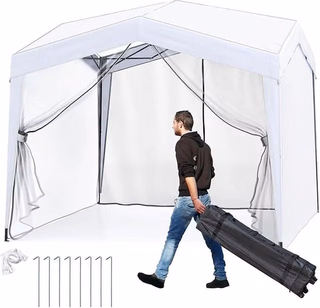 Gazebo Pop-up da Esterno COSTWAY Bianco, Tendone Pieghevole Impermeabile con 4 Pareti Laterali a Rete, Borsa con Ruote, 8 Picchetti e 4 Corde Antivento, L/P: 302 x 302 cm