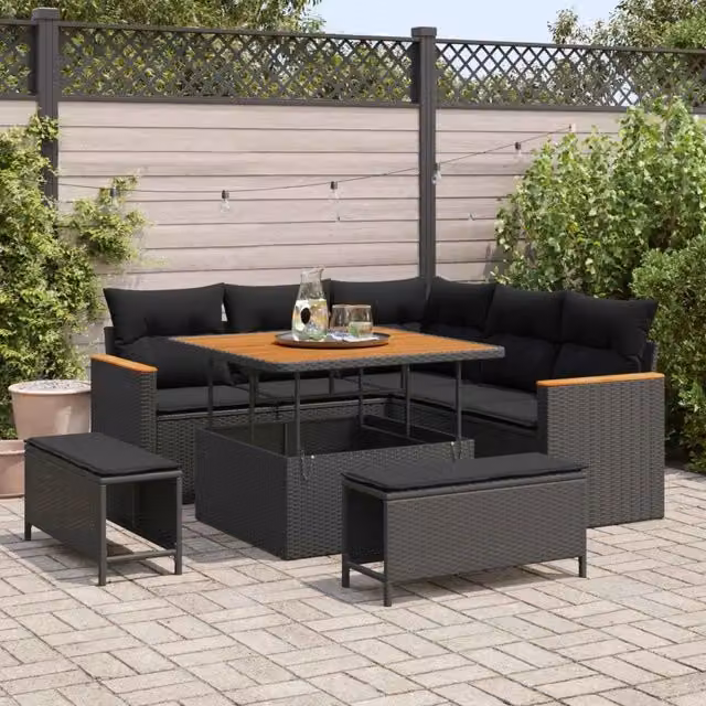 Set Divano da Giardino 8 pz 5-Numero di posti Nero Poly Rattan 3364984