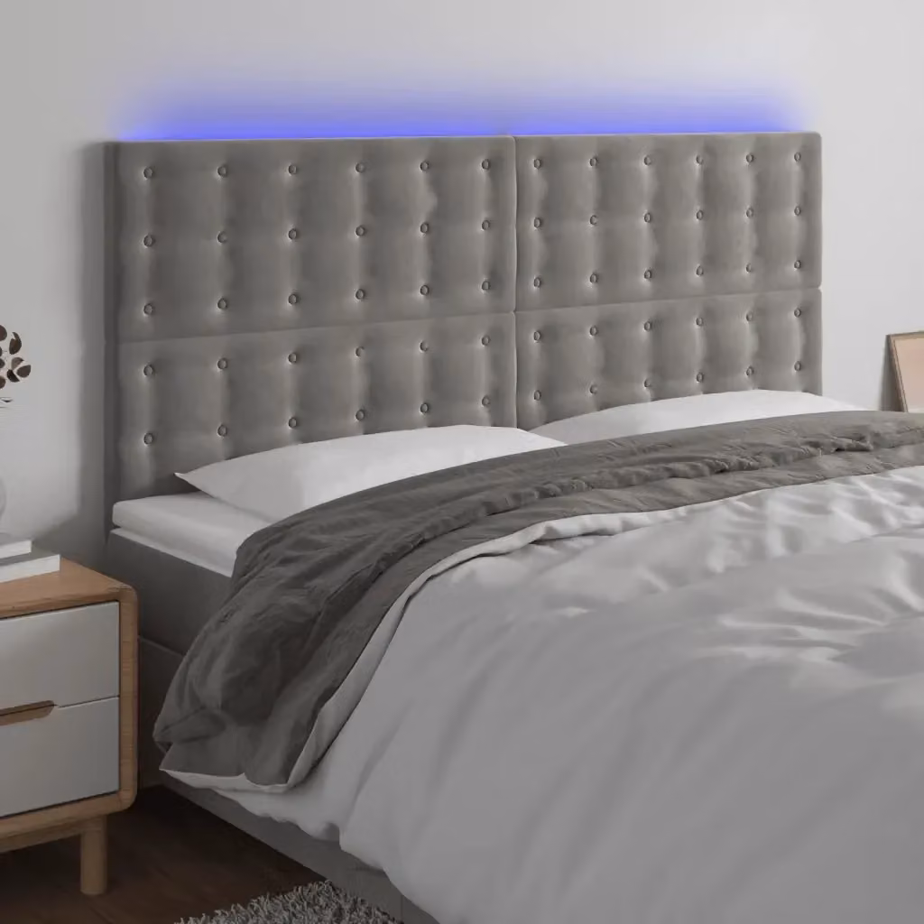 Testata del letto con illuminazione LED e porta di ricarica USB in velluto grigio chiaro L: 180 cm, P: 5 cm, H: 118/128 cm – 2