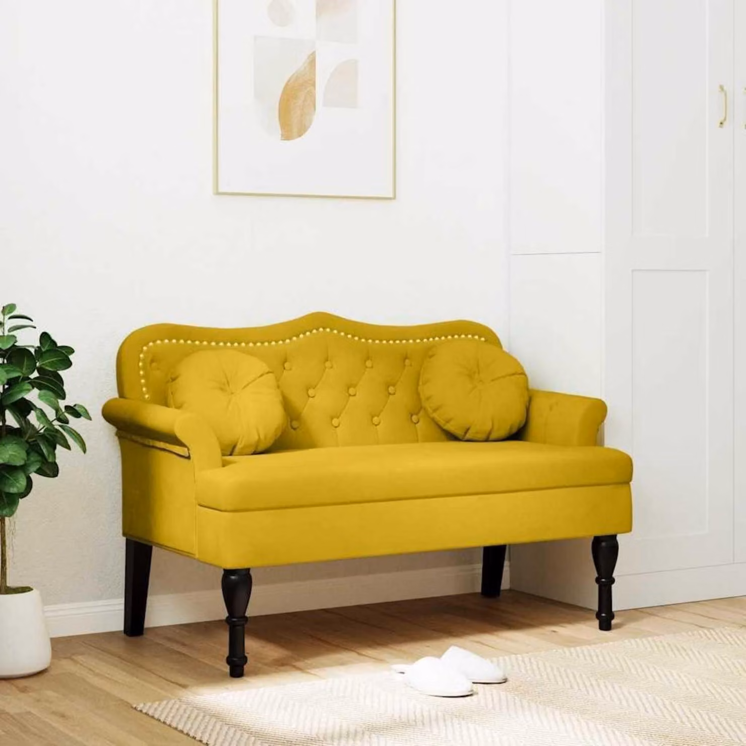 Divano a due posti, rivestito in velluto giallo, dimensioni 120,5x65x75 cm