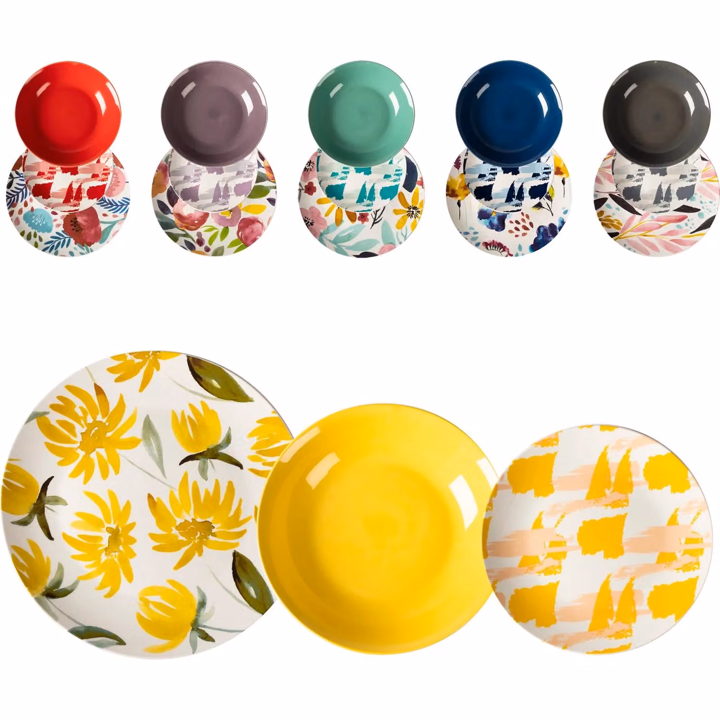 Servizio di piatti Ilary GUSTO CASA in porcellana multicolore con decoro floreale, 18 pezzi