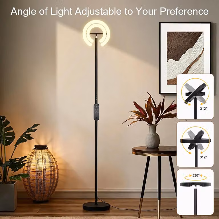 Lampada da terra a LED - Doppio anello luminoso - Intensità regolabile in modo continuo - Controllo touch e tramite telecomando - Anelli interni ed esterni indipendenti - Rotazione di 330° - Base stabile - Spina europea da 220–240 V