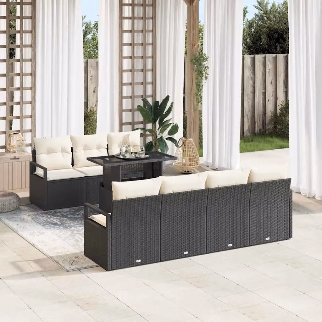 Set Divano da Giardino vidaXL 8 Pezzi con Tavolino Nero e Beige in Polyrattan e Acciaio – 1