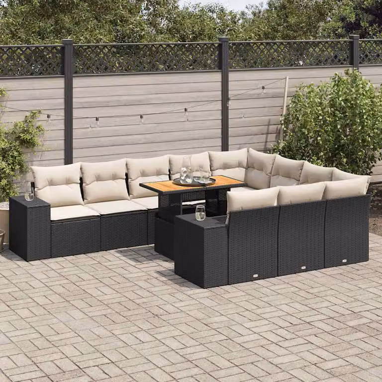 Set di divani da giardino vidaXL in polyrattan e legno di acacia con 10 pezzi e cuscini, colore nero e beige