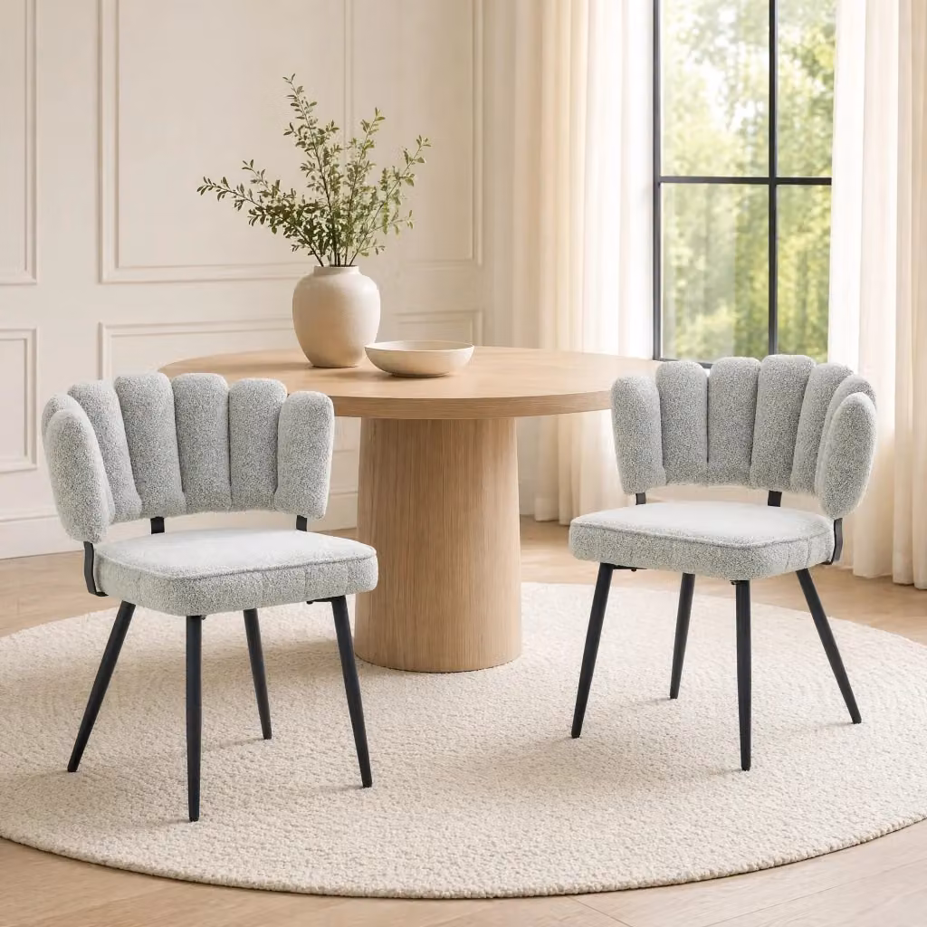 Set di 2 sedie da pranzo MODFU in velluto strutturato grigio chiaro con schienale a petalo e gambe nere in metallo, Altezza: 80 cm – 2