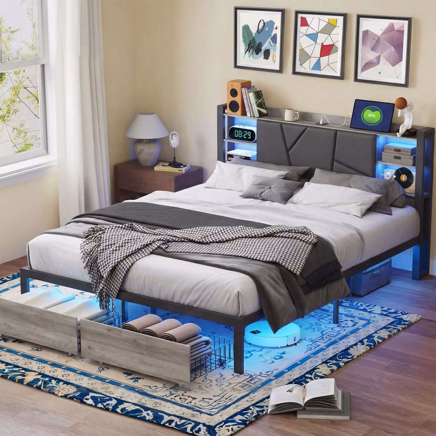 Letto in metallo ProximaX 160x200 cm con LED RGB e porta USB, letto matrimoniale sospeso con vano portaoggetti e cassetti, struttura letto moderna grigia
