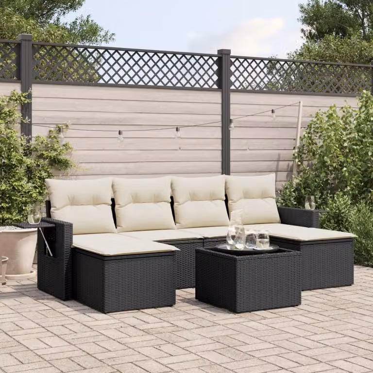 vidaXL Set Divani da Giardino a L con Cuscini 7pz in Polyrattan Nero e Bianco