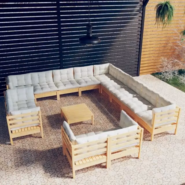 Set di Divani da Giardino a L vidaXL in Legno di Pino con Cuscini Beige 14 Pezzi – 1
