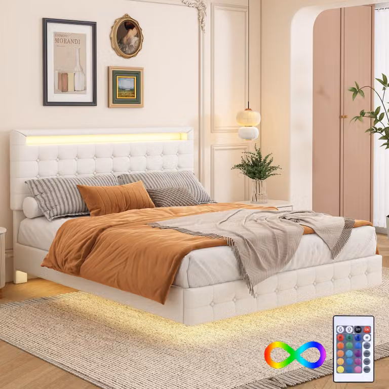 letto piano 140 x 200 cm, luce ambiente a LED, sospensione, materiale PU, regolazione in altezza della testata a tre livelli, bianco