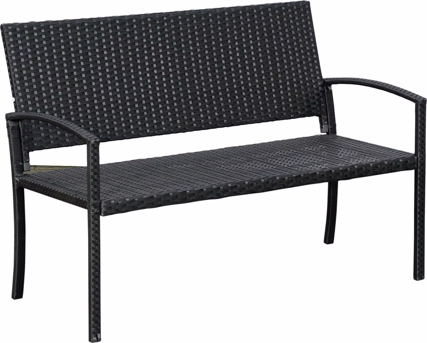 Panca da giardino Moonbite in rattan sintetico, per 2 persone, intrecciata a mano su struttura in acciaio, resistente all'acqua e alle macchie, resistente ai raggi UV, portata massima 240 kg, acciaio, colore nero