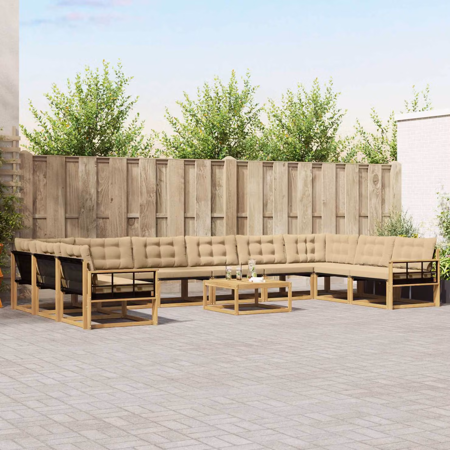 Set di divani da esterno vidaXL 11 pezzi in legno di acacia con tavolo da caffè e cuscini, Bianco e Beige