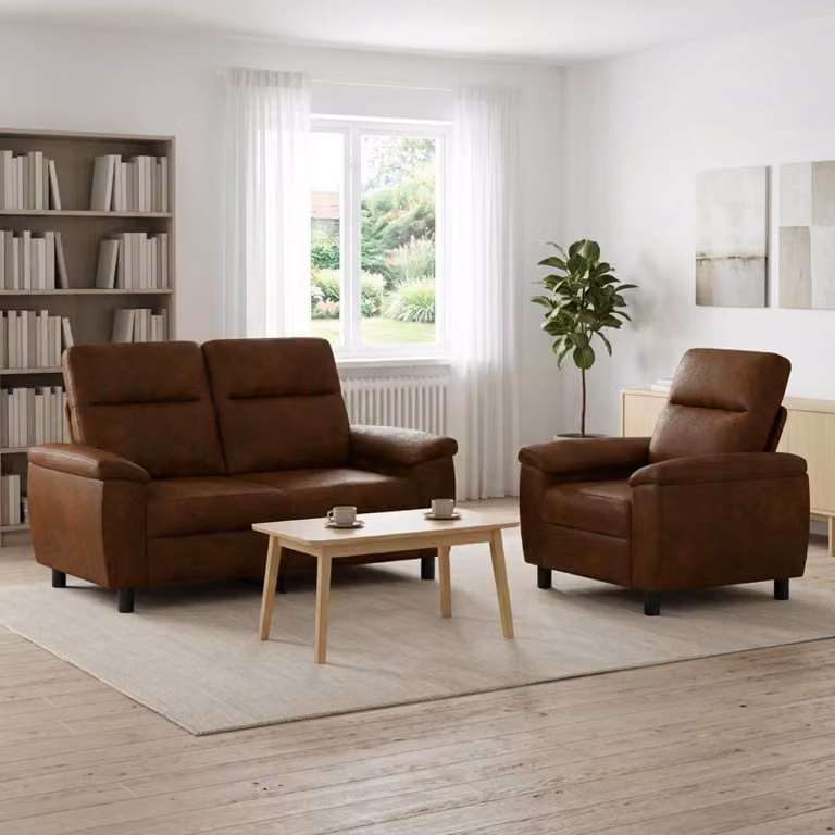 Set di 2 divani moderni vidaXL in pelle sintetica marrone per soggiorno con struttura in metallo e coperture rimovibili