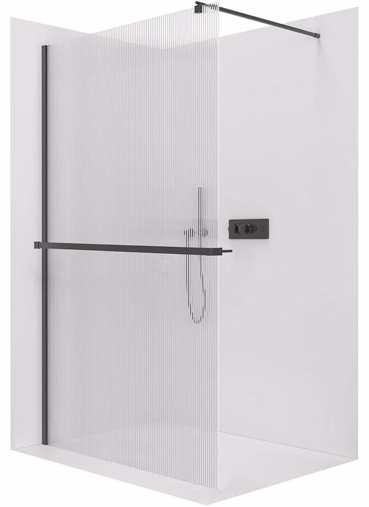 CERANO - Box doccia Walk-in Onyx Round L/P - 8 mm + mensola/portasciugamani - montante rotondo - nero opaco, vetro rigato - 100x200 cm