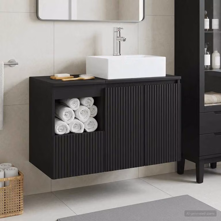 Set di mobili per il bagno vidaXL composto da mobile lavabo e mobile contenitore in MDF nero e argento, design minimalista a parete