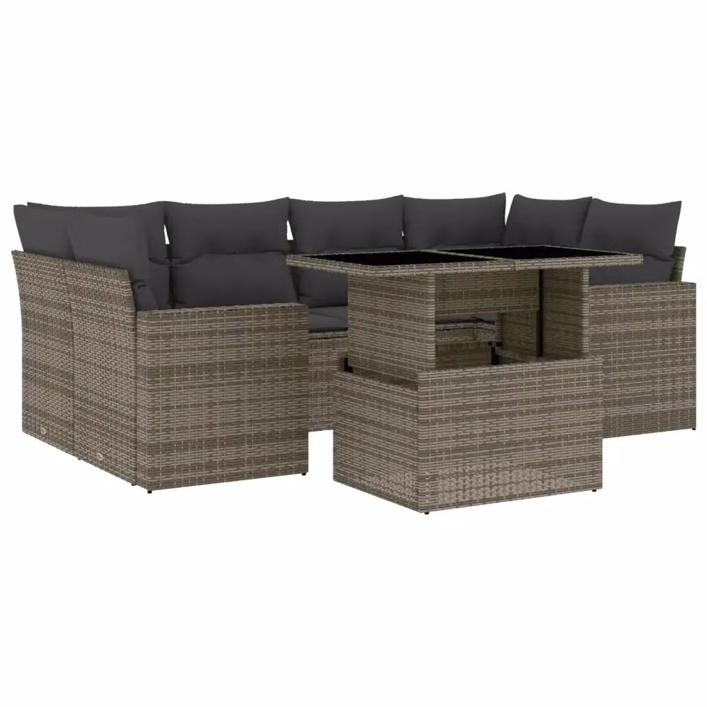 vidaXL Set Divani da Giardino 7 pz in Polyrattan Grigio con Cuscini e Tavolino – 2