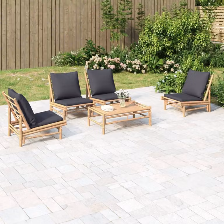 Set Salotto da Giardino vidaXL in Bambù con Cuscini Imbottiti, Colore Grigio e Marrone