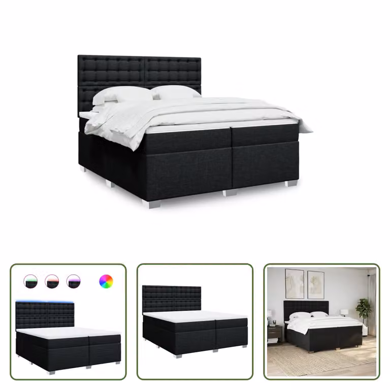 The Living Store Letto a molle con materasso nero 200x200 cm in tessuto