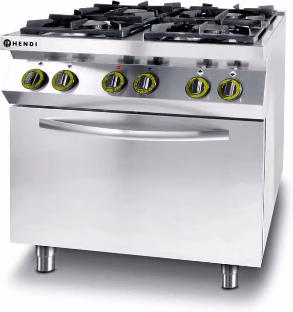 Fornello a gas HENDI con 4 fuochi e forno a convezione GN 1/1 in acciaio inox e ghisa, Argento, H 90,0 cm x L 80,0 cm x P 72,2 cm