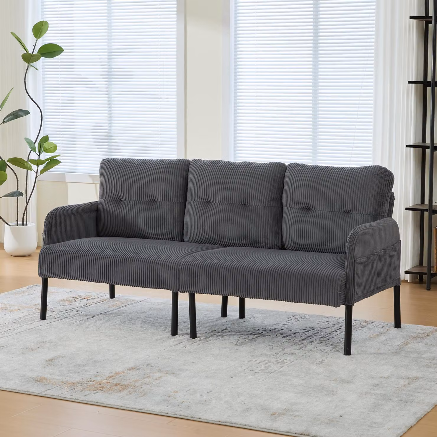 Divano okwish a 3 posti, con chaise longue, dotato di comode tasche laterali, schienale alto, gambe in metallo robuste, ideale per soggiorno e camera da letto, colore grigio