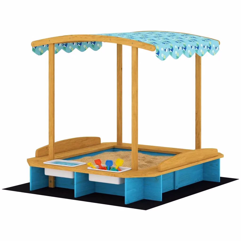 Sabbiera per bambini Xylo in legno con tetto, panchine e contenitori in PP, colore blu, L/P/H: 128 x 118 x 121 cm – 2