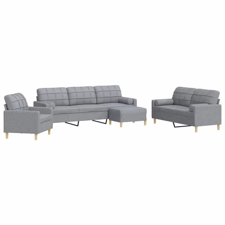 Set Divani 4 pz con Poggiapiedi e Cuscini Grigio Chiaro Tessuto