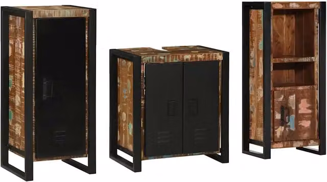 Set di mobili per il bagno vidaXL 3 pezzi in legno e metallo multicolore e nero con mobile lavabo, pensile e mobile laterale in stile minimalista – 2