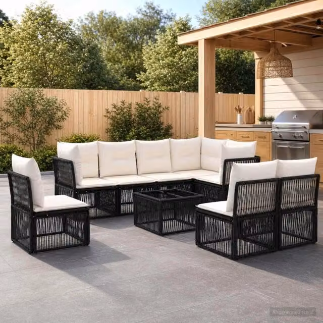 Set Divano da Giardino a L con Tavolino vidaXL, 9 Pezzi in Polyrattan Nero con Cuscini Imbottiti e Coperture Rimovibili