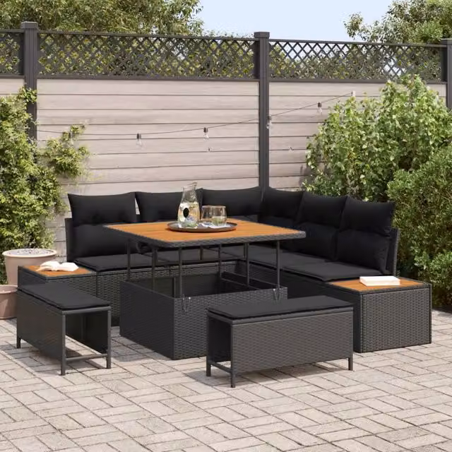 Set Divano da Giardino 8 pz 7-Numero di posti Nero Poly Rattan 3364854