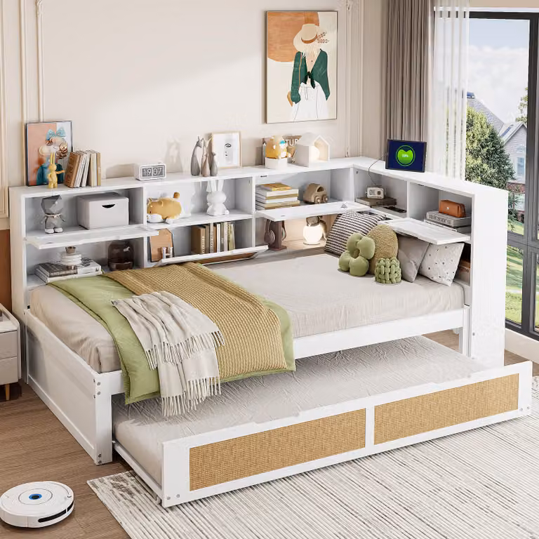 MODFU Letto pieghevole 90×200 cm, letto per bambini, letto per studenti con letto estraibile, letto matrimoniale multifunzionale con molti spazi di stoccaggio e porta di ricarica, senza materasso, bianco
