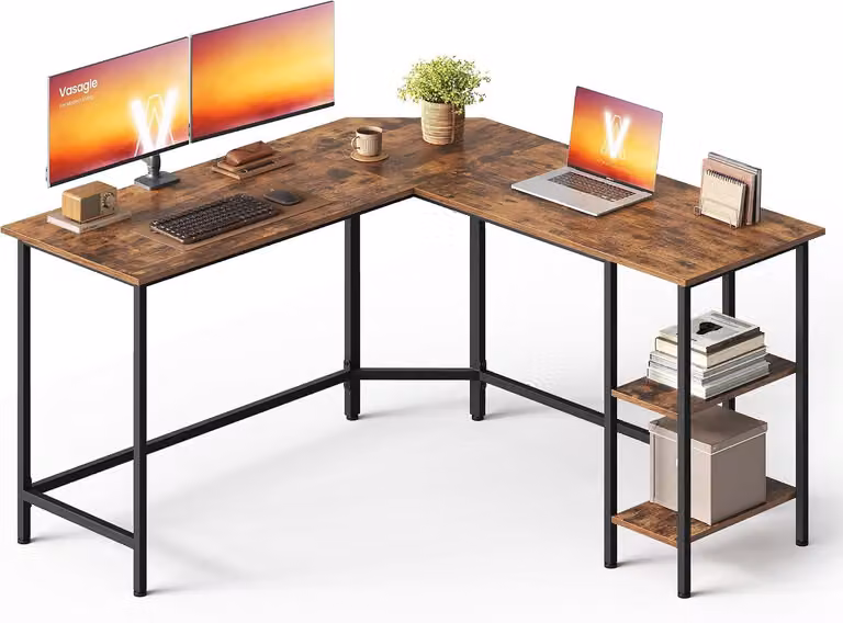 Scrivania ad angolo a forma di L - Scrivania per computer con 2 ripiani - Stile industriale - Struttura in metallo - 138 x 138 x 76 cm