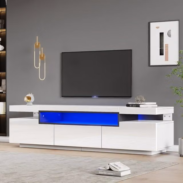 Mobile porta TV con LED a 16 colori e 3 cassetti fronte lucido per soggiorno in truciolare bianco 160 × 39 × 42 cm
