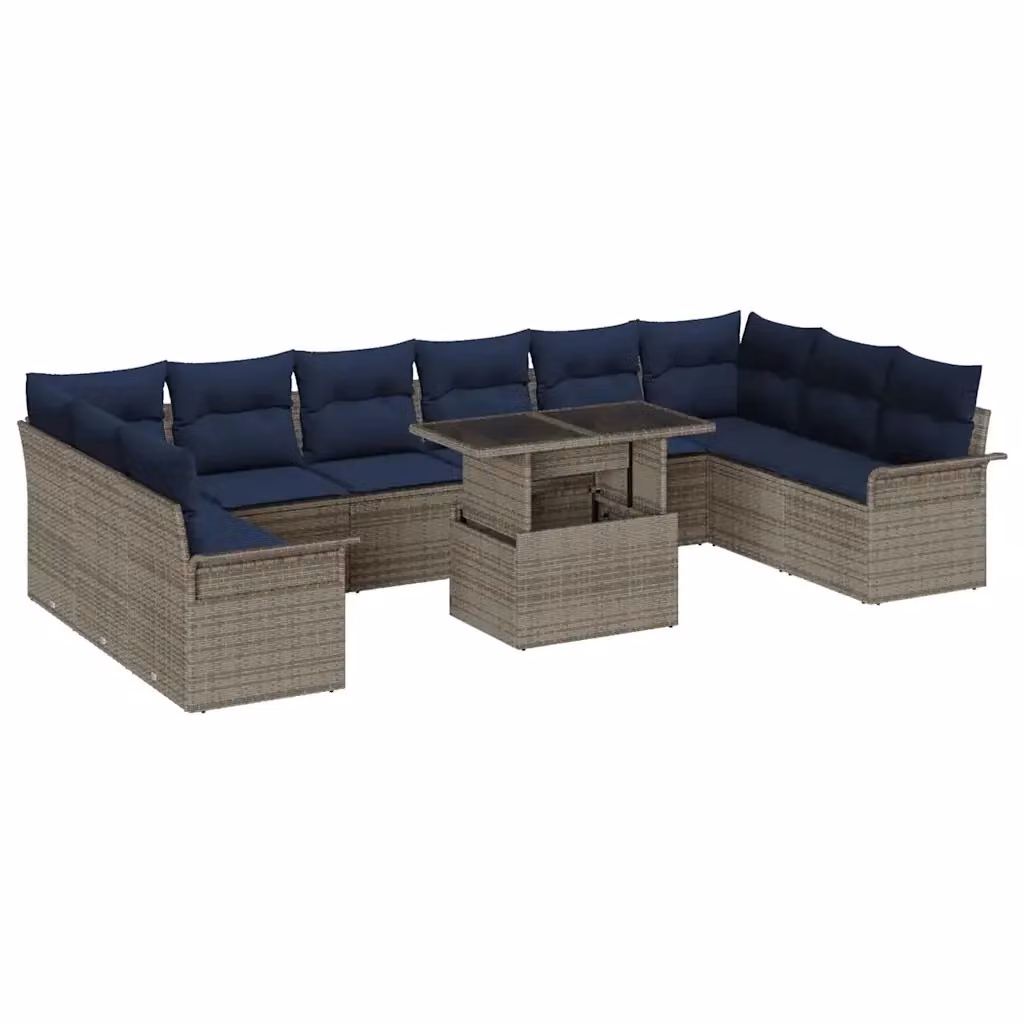 Set Divano da Giardino Moderno vidaXL in 11 Pezzi con Poltroncine, Divano a L e Tavolino, Colore Grigio e Blu con Cuscini Inclusi – 2