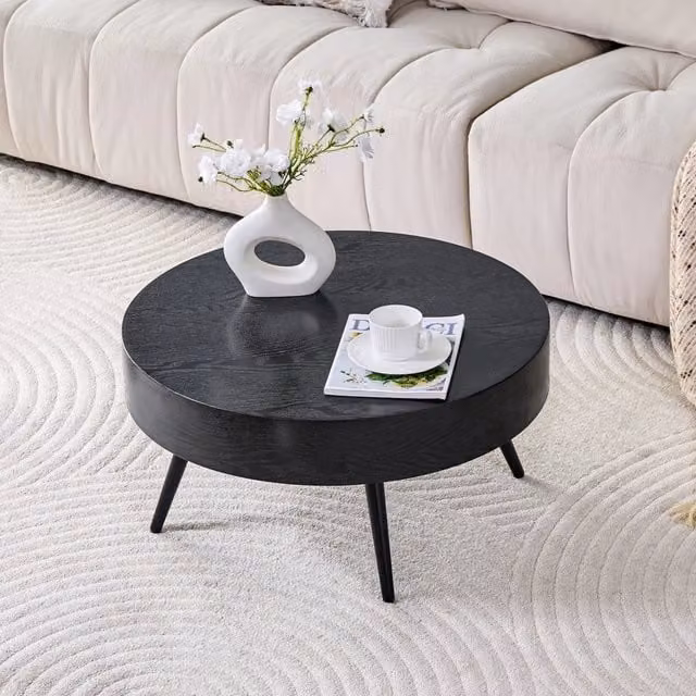 Tavolino basso rotondo MIVRAY con piano in MDF effetto legno nero e gambe in metallo, Diametro: 70 cm, Altezza: 35.5 cm