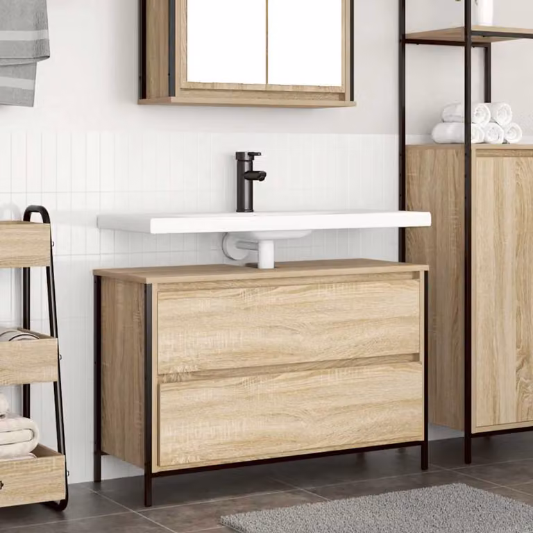 Lavabo da Bagno Mobile con Cassetti vidaXL in Rovere Sonoma, L: 90 cm, P: 34,5 cm, H: 60 cm