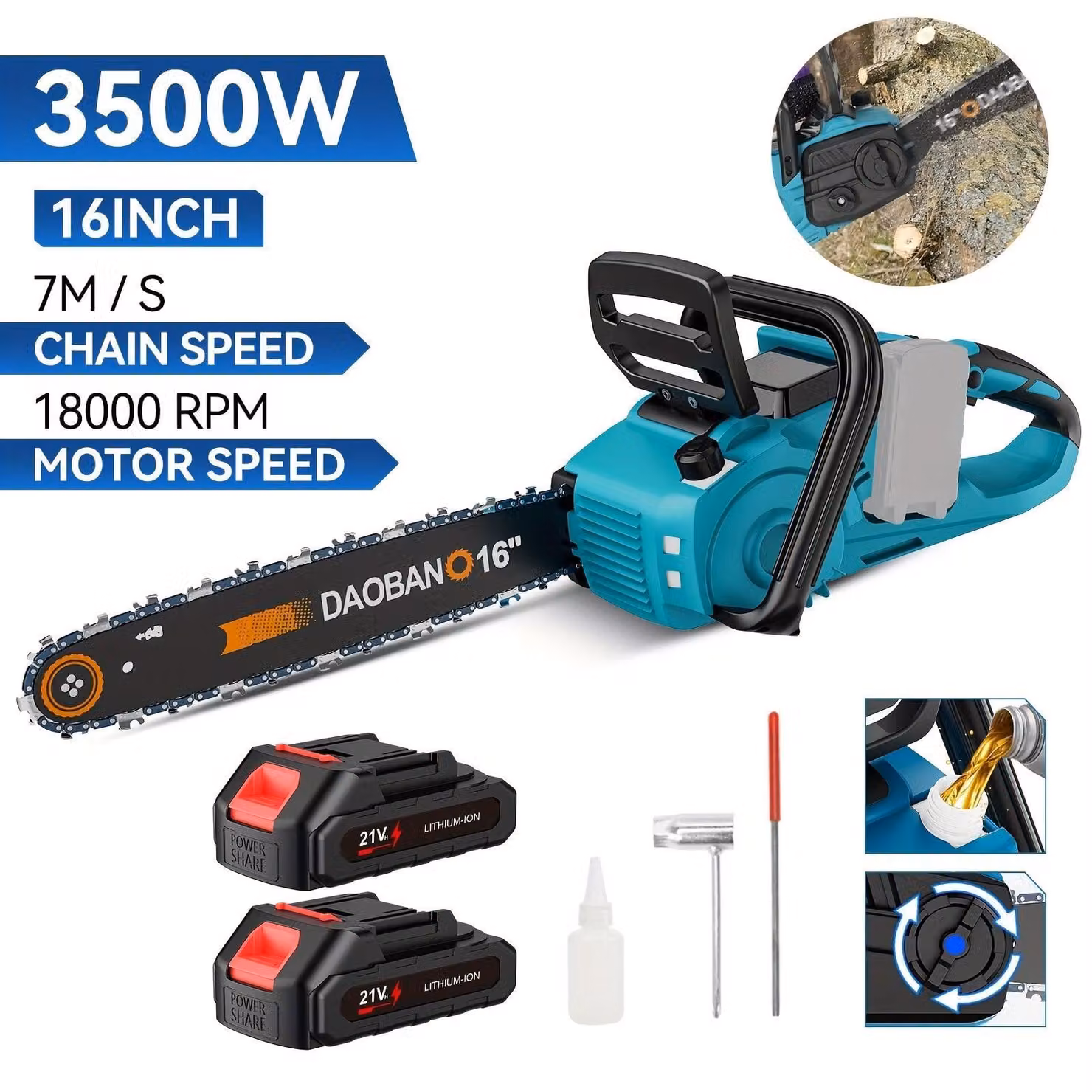 Troncatrice a catena Accu da 3500W con due batterie al litio per potatura